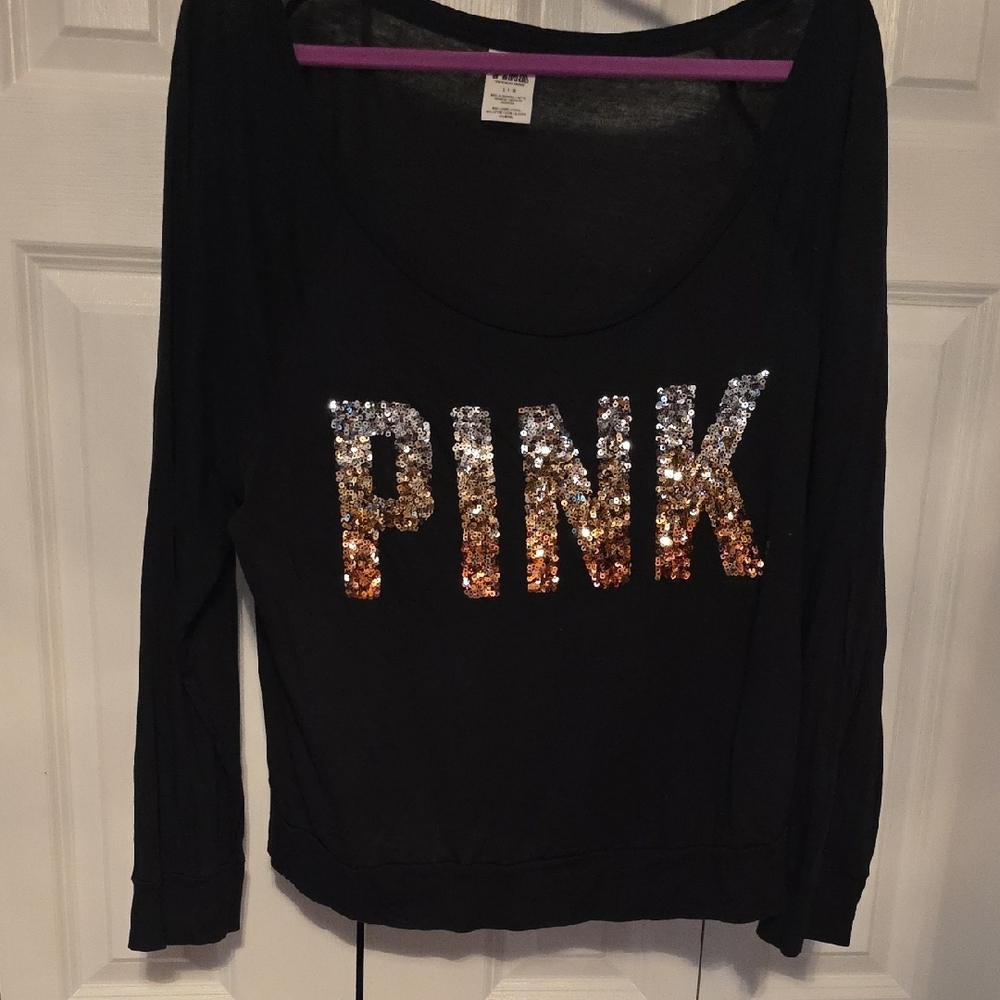 PINK Victoria's Secret Black Gold Sequin Long Sleeve Top